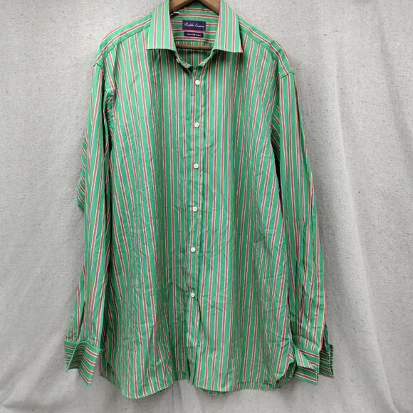 Ralph Lauren Purple Label Button Up Shirt Mens 17.5 Green Pink Striped Italy